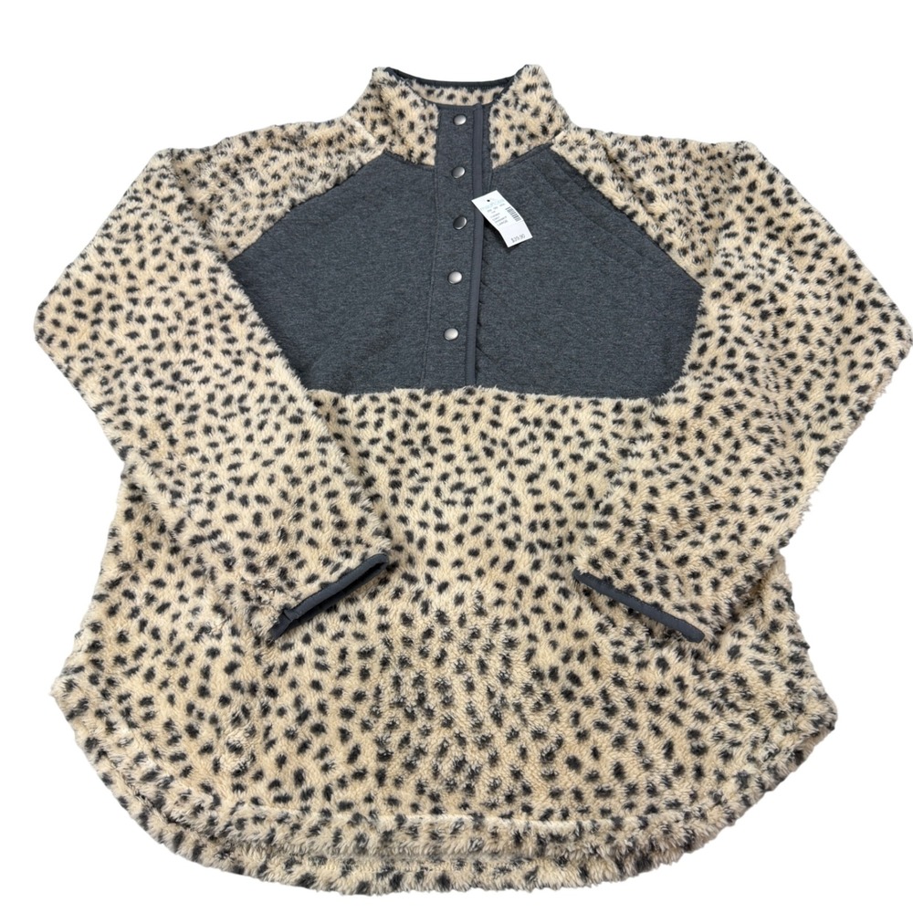 Maurices Womens Leopard Print Sherpa Fleece Snap Neck Pullover Large Gray Tan